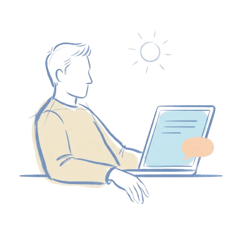 Eine Person lehnt sich am Laptop zurück, unten rechts auf dem Bildschirm eine Sprechblase.