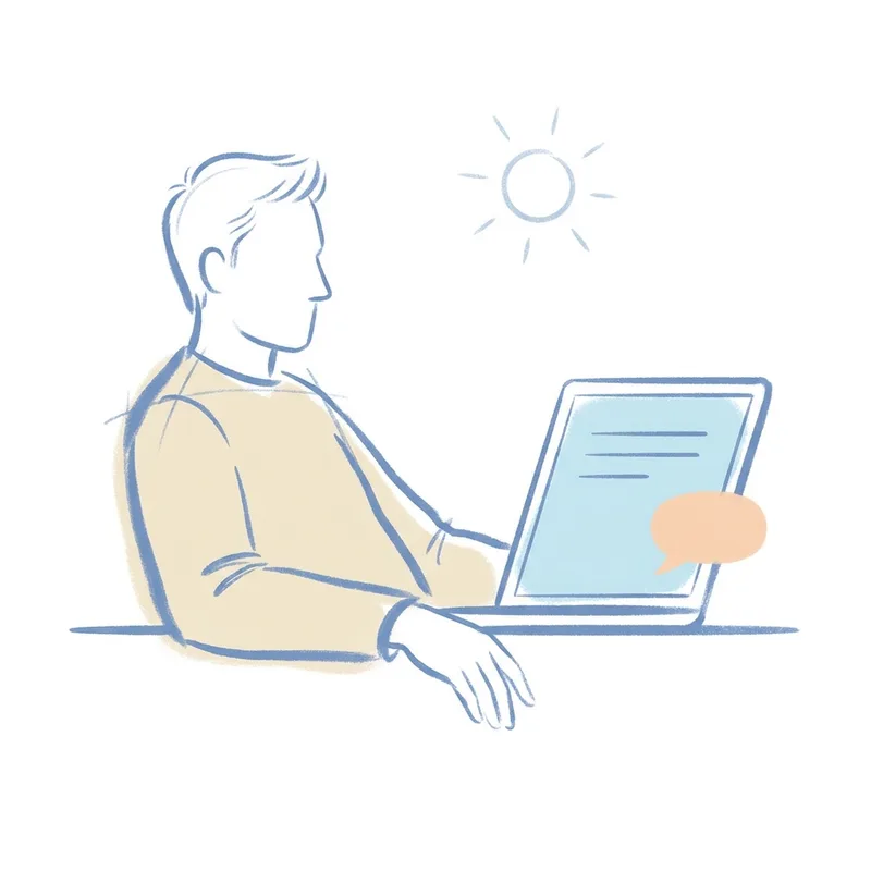 Eine Person lehnt sich am Laptop zurück, unten rechts auf dem Bildschirm eine Sprechblase.