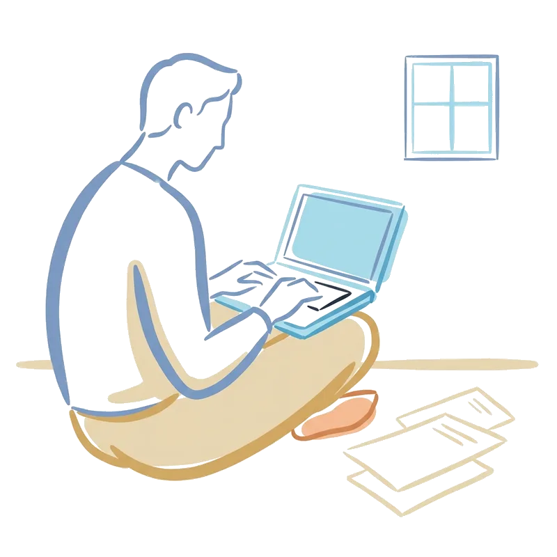 Eine Person sitzt mit dem Laptop auf den Knien und füllt das Formular aus, daneben drei Blätter.